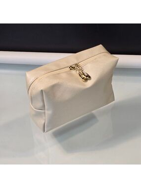 Waterproof PU Leather Beige Case Travel Makeup Bag 2 Gold-Toned Zipper Pulls